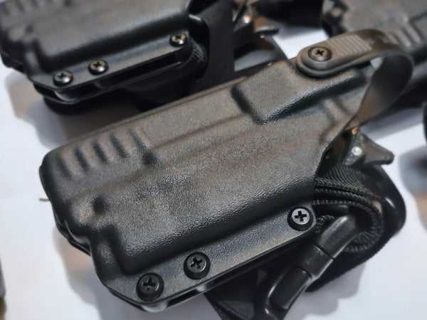 Level II duty Kydex holster, thumb-release hood - Highlander Holsters